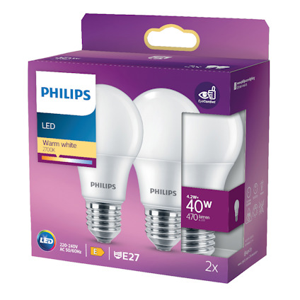 Förpackning med två Philips LED-glödlampor, 40W, 470 lumen, varmvit 2700K, E27-sockel.