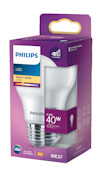 Förpackning för Philips LED-lampa, varmvit 2700K, 4,2W, 470 lumen, E27, motsvarande 40W glödlampa, i lila kartong.