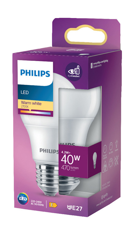 Förpackning för Philips LED-lampa, varmvit 2700K, 4,2W, 470 lumen, E27, motsvarande 40W glödlampa, i lila kartong.