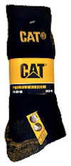 Svart-färgade CAT-strumpor med gul etikett, märkt "Premium Worksocks EU 43-46".