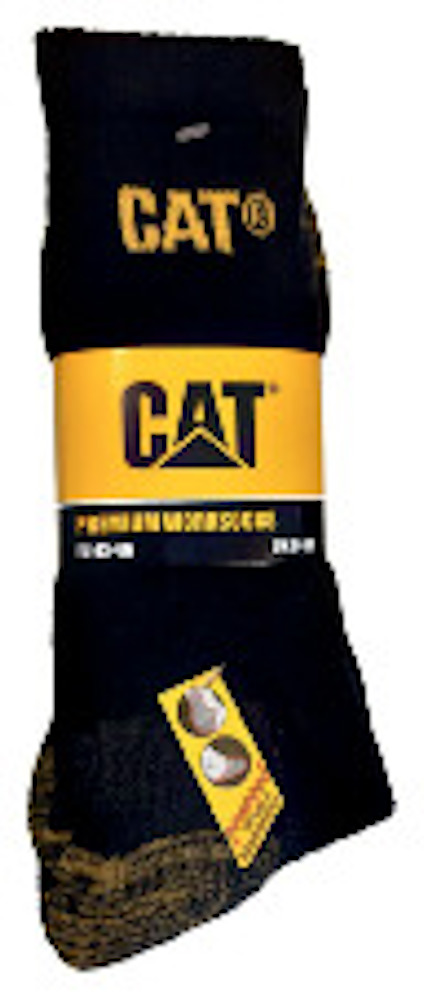 Svart-färgade CAT-strumpor med gul etikett, märkt "Premium Worksocks EU 43-46".