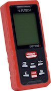 Röd laseravståndsmätare med svart display och knappar märkta "MEASURE", "BEEP", "+", "-", "CLEAR", "Off". Märkt "FUTECH", "DISTY40R".