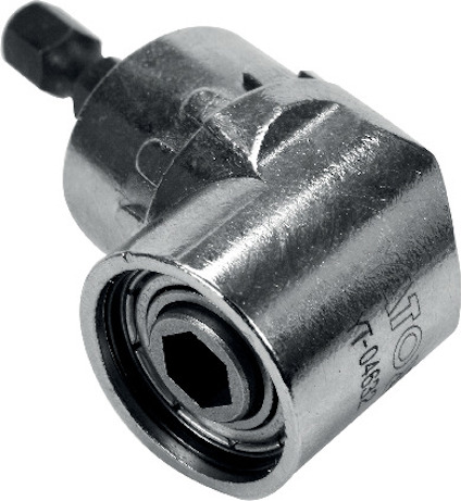 Metallisk vinklad borrchuck med sexkantig infästning och kullager.