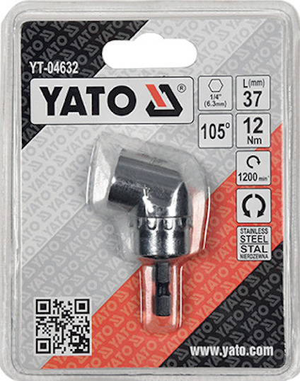 Förpackning med YATO vinkelskruvdragartillsats, modellnummer YT-04632, 105 grader, 12Nm, 1200 rpm, rostfritt stål.