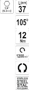 1/4" (6.3mm), L(mm) 37, 105°, 12 Nm, 1200 min⁻¹, Stainless Steel, Stal Nierdzewna.