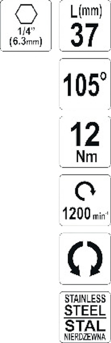 1/4" (6.3mm), L(mm) 37, 105°, 12 Nm, 1200 min⁻¹, Stainless Steel, Stal Nierdzewna.