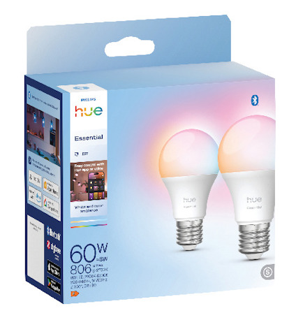 Förpackning med två Philips Hue Essential LED-lampor E27, 60W motsvarande. Bluetooth-kompatibel med vit och färgad atmosfär.