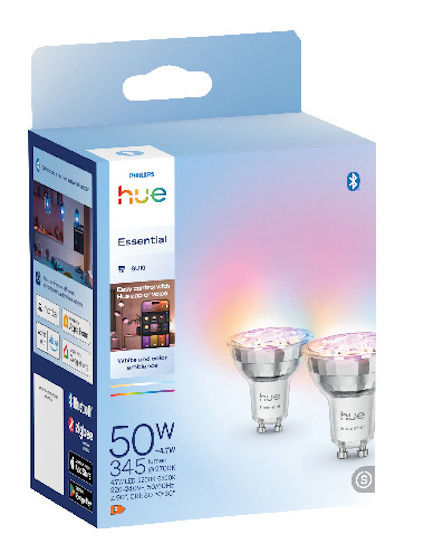 Förpackning av Philips Hue Essential smart lampa, 50W, 345 lumen, vit och färgad stämning, Bluetooth-kompatibel.