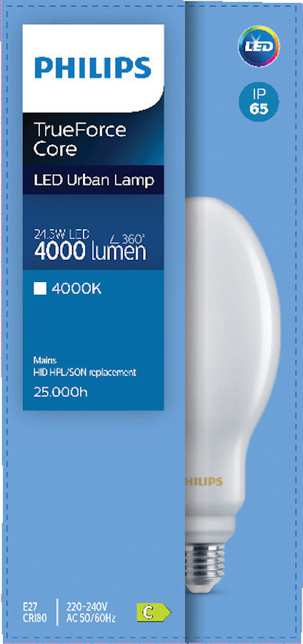 Förpackning av Philips TrueForce Core LED Urban Lamp, 4000 lumen, IP65.