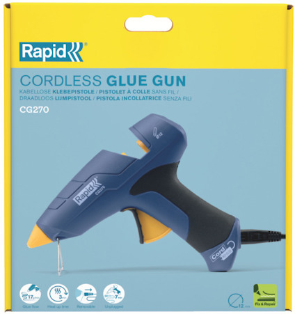 Förpackning av Rapid sladdlös limpistol CG270, blå och gul design.