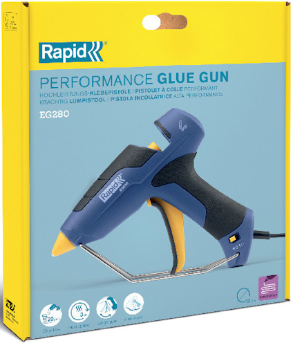 Förpackning till Rapid Performance Glue Gun EG280 i blå och gul färg med specifikationer på flera språk.