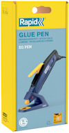 Förpackning med "Rapid EG Pen" limpistol i gul kartong med bild av limpistol och text på flera språk.