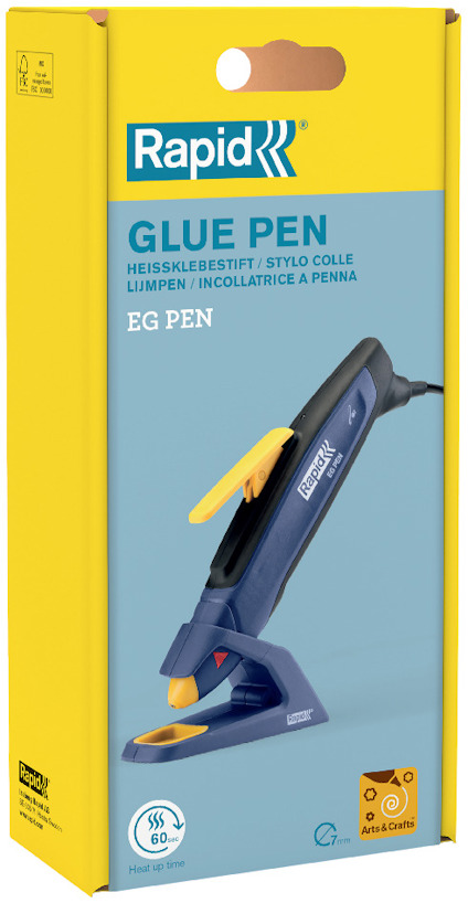 Förpackning med "Rapid EG Pen" limpistol i gul kartong med bild av limpistol och text på flera språk.
