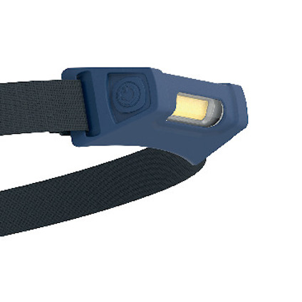 Ficklampa med svart pannband och blått plasthölje, en vit LED-lampa och en strömbrytare.