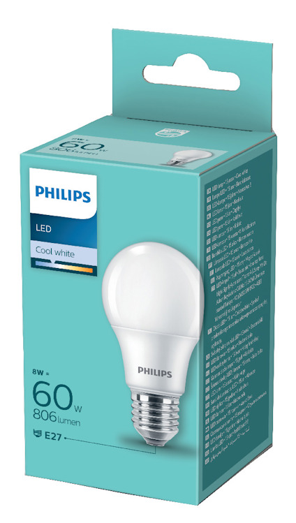 Förpackning med Philips LED-lampa, 8W, motsvarar 60W, 806 lumen, E27, kallvitt ljus.