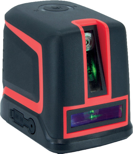 Svart och röd laseravståndsmätare med fönster för laserstråle upptill.