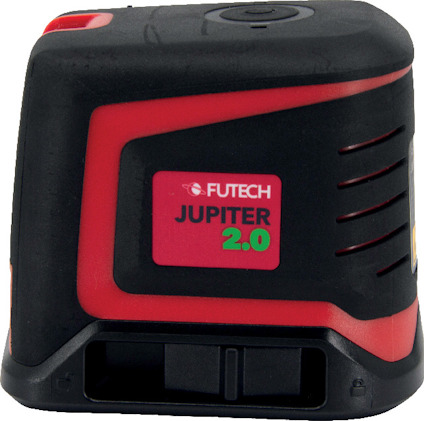 Svart och röd laseravståndsmätare med texten "FUTECH JUPITER 2.0" på sidan.