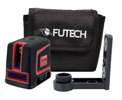 Laserverktyg med stativ och svart fodral med texten "Futech".