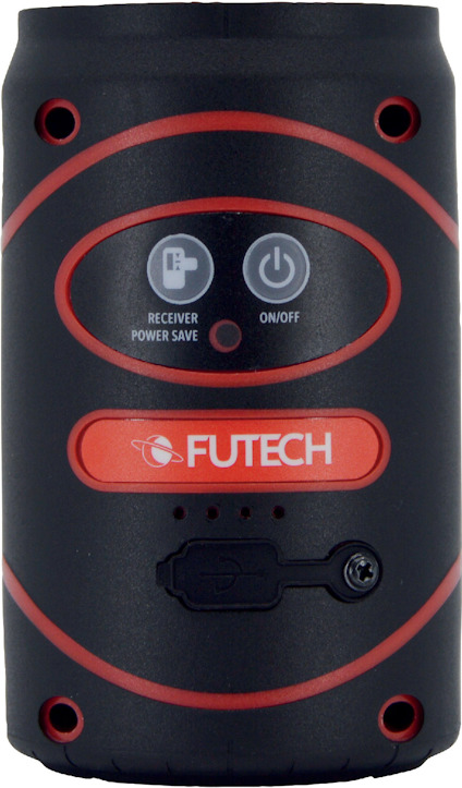 Svart och röd elektronisk enhet med knappar för "Receiver Power Save" och "On/Off", märkt "Futech".