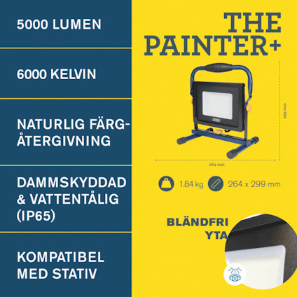6000 lumen, 6000 kelvin arbetslampa, naturlig färgåtergivning, dammskyddad och vattentät (IP65), kompatibel med stativ.