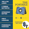 Lampa med specifikationer: 1000 & 500 lumen, 3 timmars batteritid, integrerat batteri, USB-C laddning, powerbank-funktion. 530 g, 175 x 130 mm. Kom