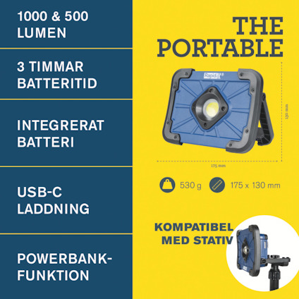 Lampa med specifikationer: 1000 & 500 lumen, 3 timmars batteritid, integrerat batteri, USB-C laddning, powerbank-funktion. 530 g, 175 x 130 mm. Kom