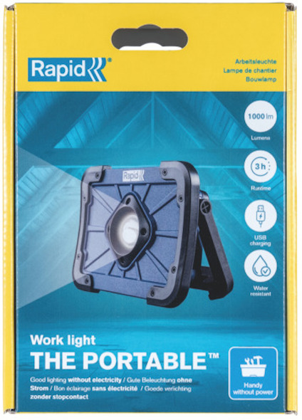 Förpackning av en RapidR arbetslampa, 1000 lumen, 3 timmar batteritid, utan el.