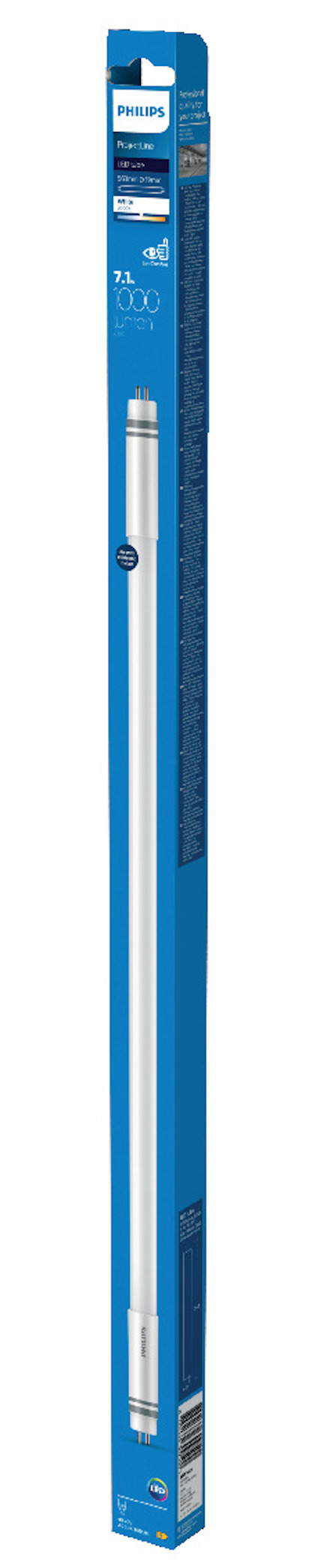 Fluorescerande lysrör i blå förpackning med texten "Philips 25W 4100K 1" och produktdetaljer.