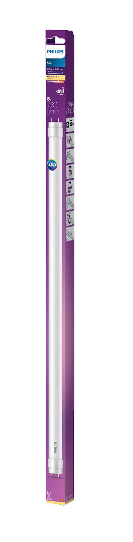 Lysrör i lång förpackning med lila och vita detaljer, märkt "PHILIPS" och "18W".