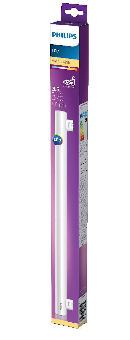 Förpackning med en LED-ljusrör från Philips i varmvit färgton, 3,5 watt.