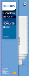 Förpackning för Philips CorePro LED PL-T 4P med 800 lumen, 4000K och 30 000 timmars livslängd.