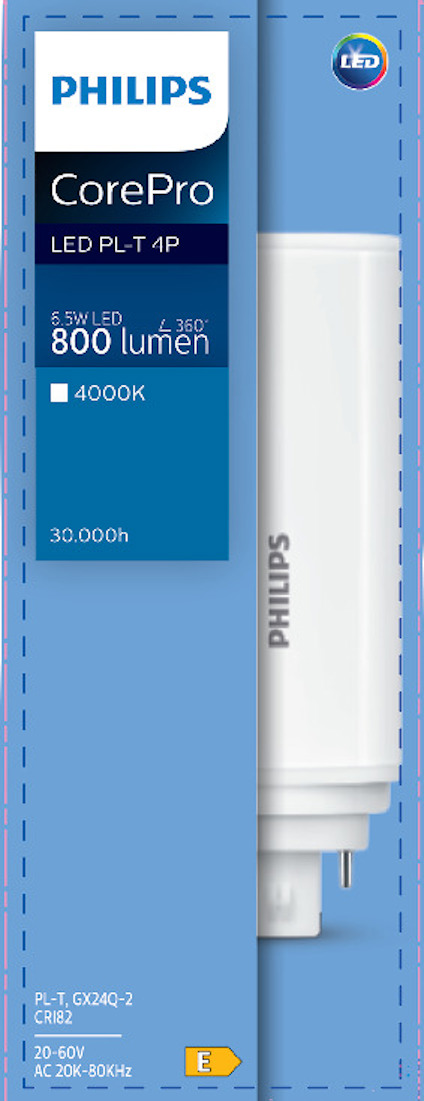 Förpackning för Philips CorePro LED PL-T 4P med 800 lumen, 4000K och 30 000 timmars livslängd.