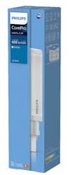 Förpackning av Philips CorePro LED PLC 4P, 600 lumen, 3000K, med vit LED-lampa avbildad.