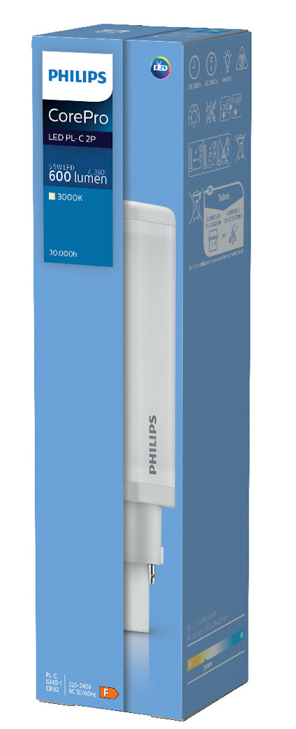 Förpackning av Philips CorePro LED PLC 4P, 600 lumen, 3000K, med vit LED-lampa avbildad.