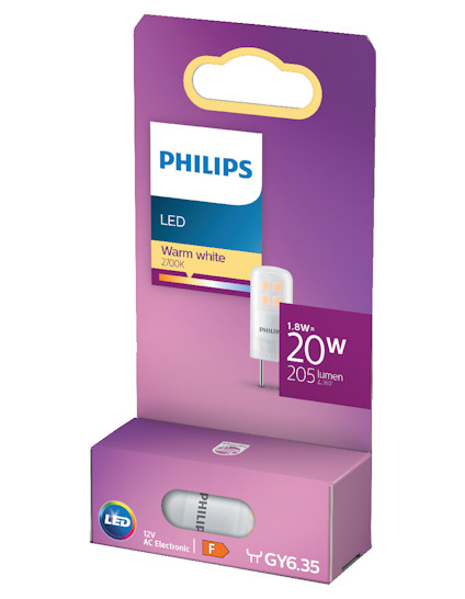 Förpackning av Philips LED-lampa, varmvit 2700K, 1.8W motsvarande 20W, 205 lumen, sockel GY6.35.