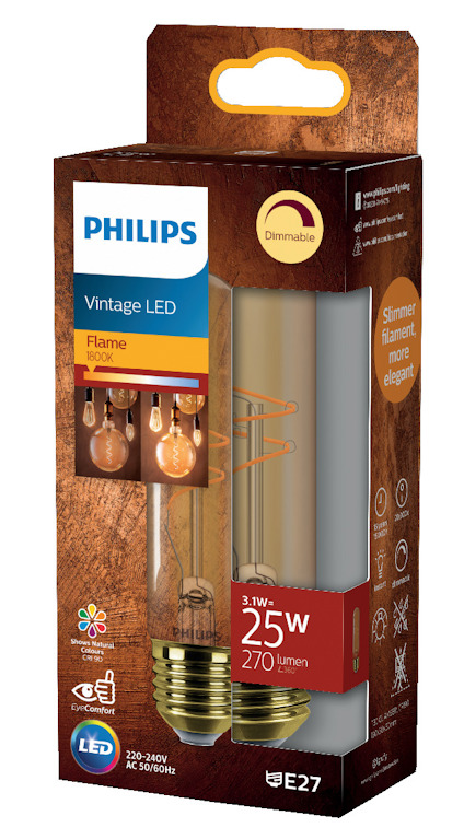 Förpackning med två Philips Vintage LED-lampor, 25W, E27, 270 lumen, dimbara.