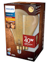Förpackning av Philips vintage LED-glödlampa, 7W, 470 lumen, E27-sockel, dimbar, handgjord med flamma-effekt.
