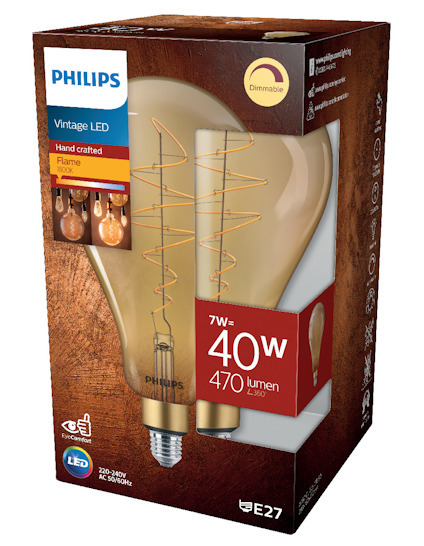 Förpackning av Philips vintage LED-glödlampa, 7W, 470 lumen, E27-sockel, dimbar, handgjord med flamma-effekt.