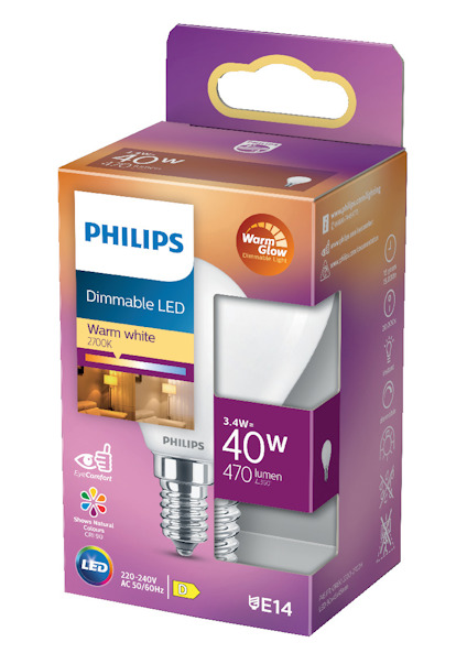 Philips dimbar LED-lampa i förpackning, 3,4W motsvarande 40W, E14, varmvit 2700K, 470 lumen.