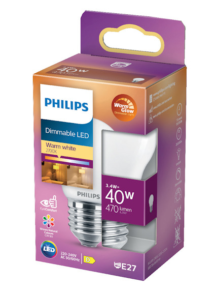 Förpackning med dimbar LED-lampa från Philips, 3.4W, 40W motsvarighet, 470 lumen, varmvit 2700K, sockel E27.