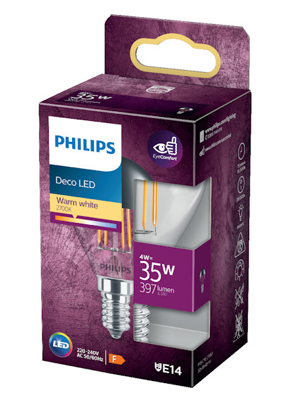 Förpackning med Philips Deco LED-lampa E14, 4W, motsvarande 35W, 2700K varmvit, 397 lumen.