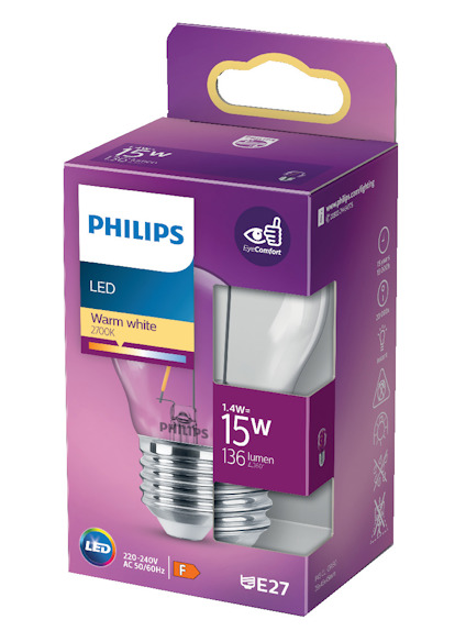 Förpackning för Philips LED-lampa, E27, 15W, 136 lumen, varmvit 2700K.