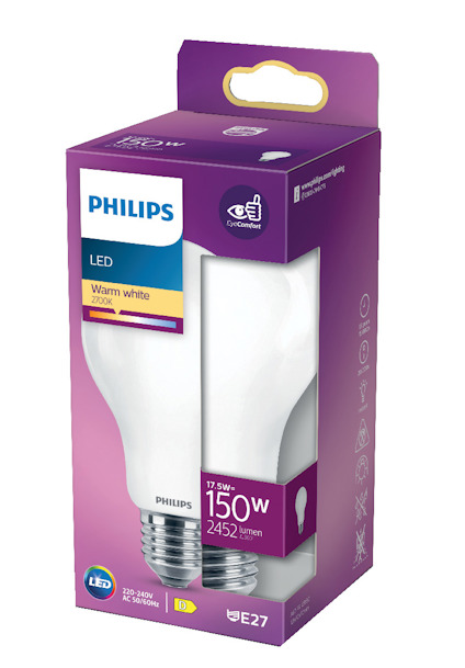 Låda med Philips LED-lampa, 17,5W, 2452 lumen, varmt vitt ljus, E27-sockel.