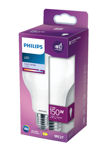 Förpackning med Philips LED-lampa, 17,5W, 2452 lumen, E27-sockel, ljusfärg cool white 4000K.