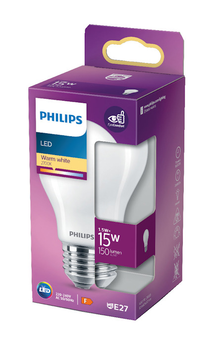 Förpackning av Philips LED-lampa, 1.5W, 220-240V, E27-sockel, varmvit 2700K, 150 lumen.