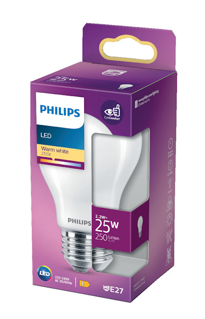 Förpackning för Philips LED-lampa, varmt vitt ljus, 2.7W motsvarande 25W, 250 lumen, sockel E27.