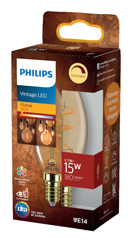 Förpackning för Philips Vintage LED-lampa E14, 2,7W-15W, 180 lumen, dimbar, flame färg.