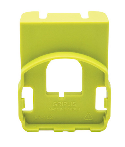 Gul plastkomponent med texten "GRIPLIS MADE IN SWEDEN" och siffrorna "97-102".
