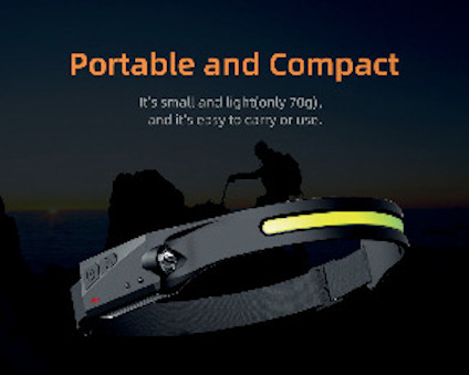 Text: "Portable and Compact. It's small and light (only 70g), and it's easy to carry or use." Silhouette of a person hiking in the background.
