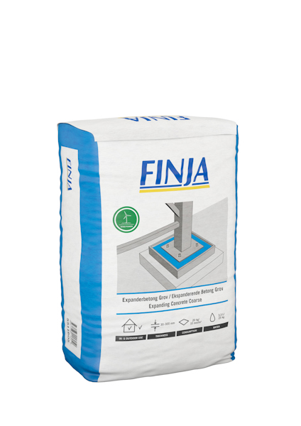 Multifärgad säck med texten "FINJA" och illustration av betongapplikation.